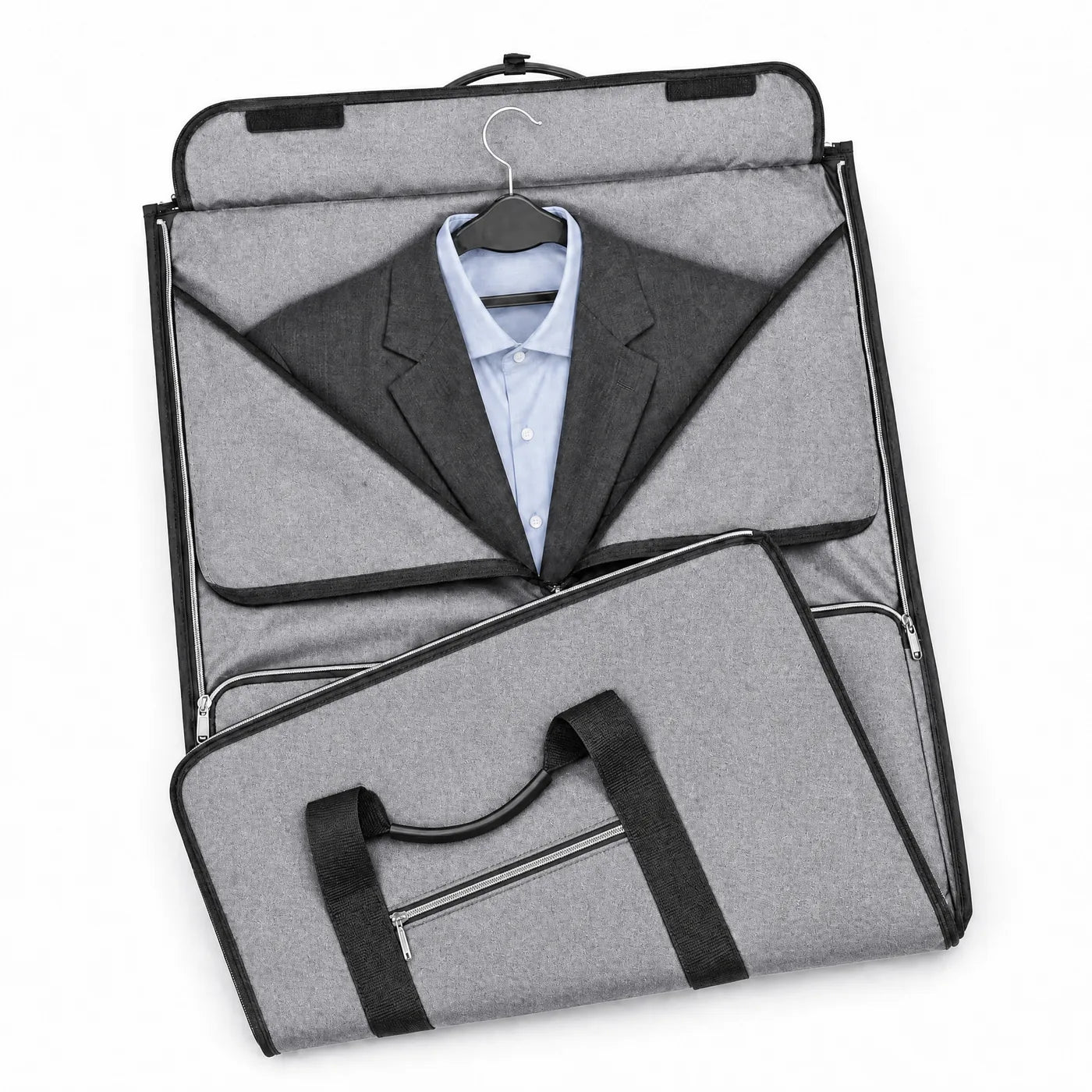 The garment section with a suit jacket and shirt hung inside