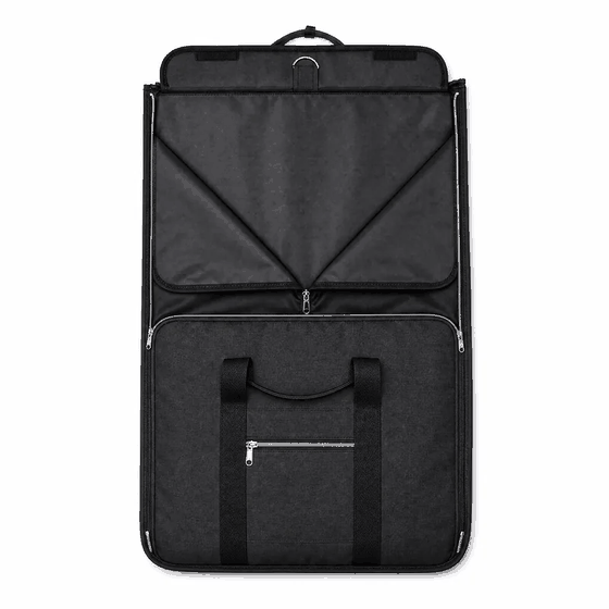 Open, hang the outfit, load the rest, fold and zip: the packing sequence