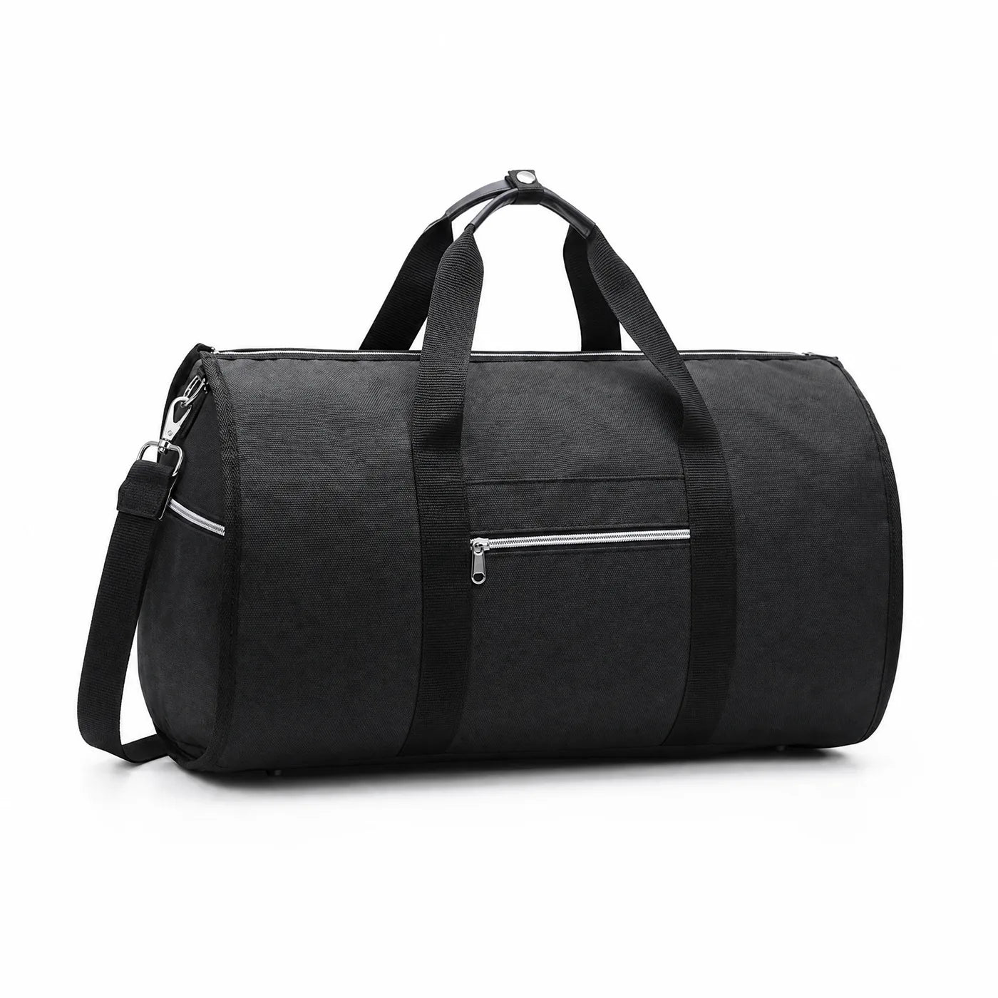 The IJEROVE garment duffle in black, zipped closed in duffle form
