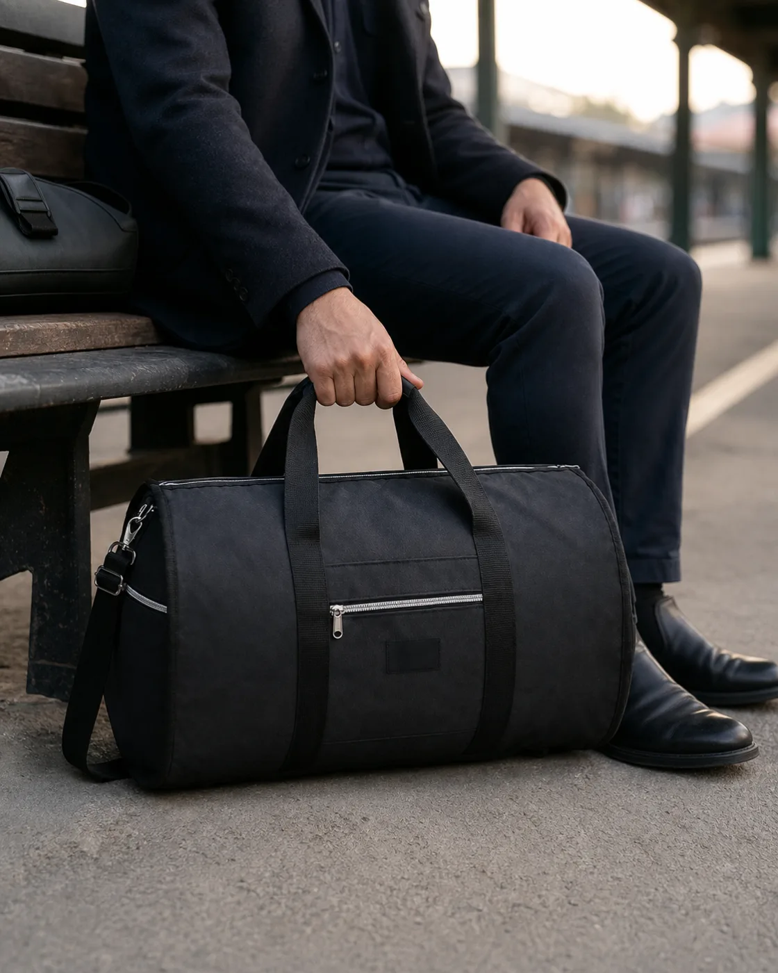 Business traveller waiting beside the Black garment duffle at a railway platform