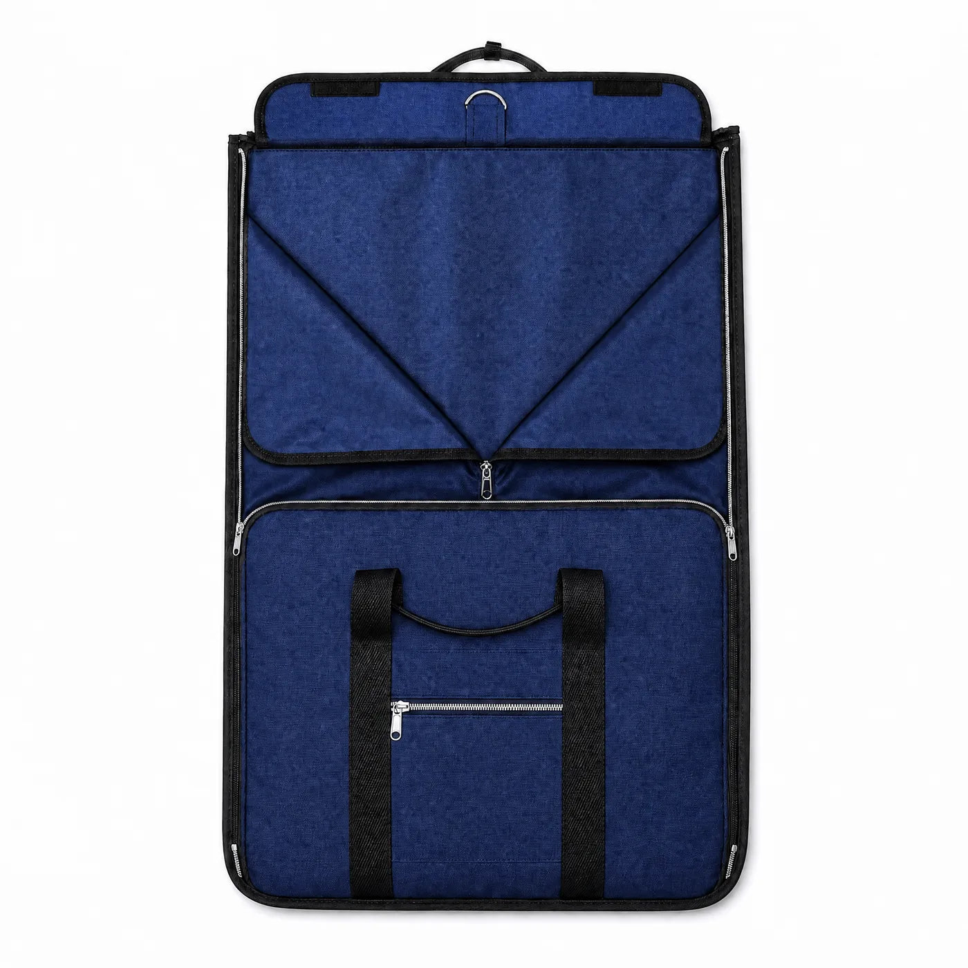 Opened flat as a garment carrier, with the central compartment in front