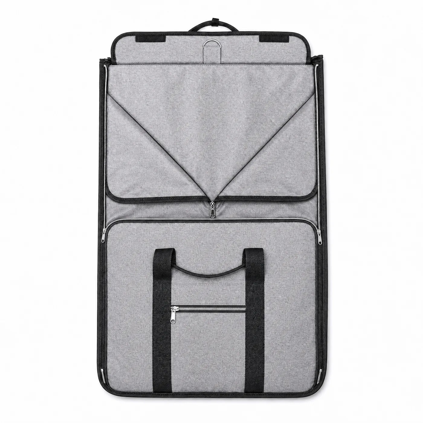 Opened flat as a garment carrier, with the central compartment in front