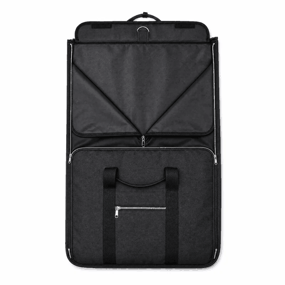 The bag shown opened flat, loaded with a garment, folded and zipped into duffle form