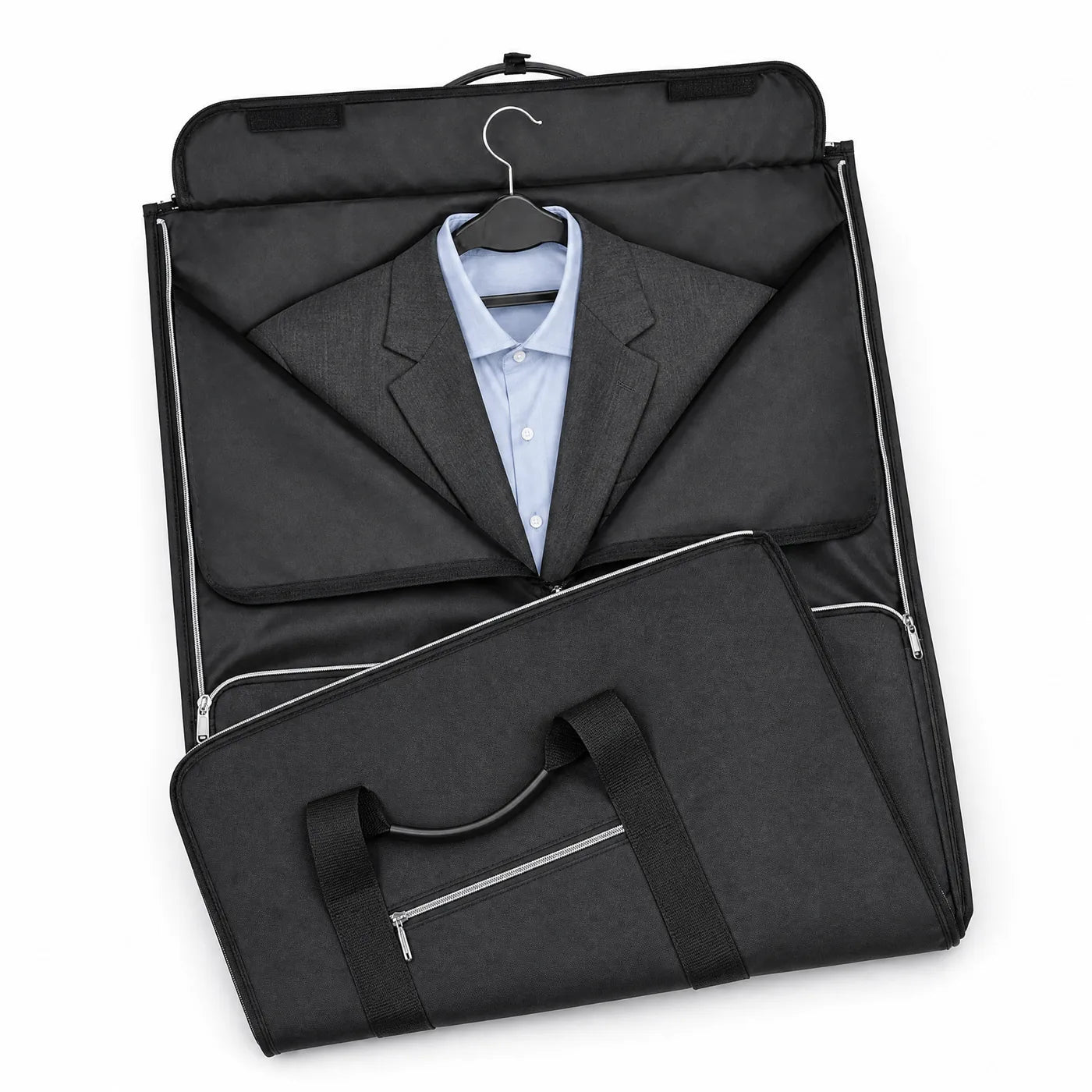 A suit and shirt hung inside the open garment section