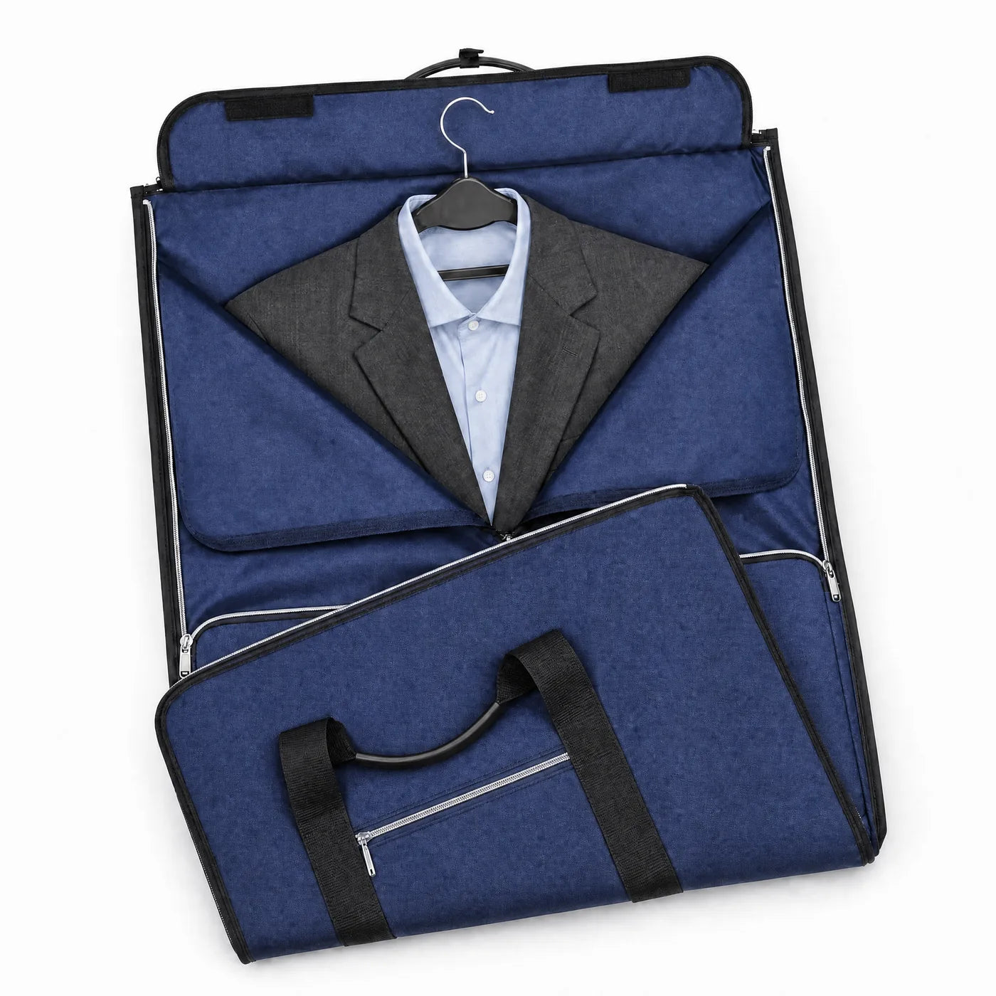The garment section with a suit jacket and shirt hung inside