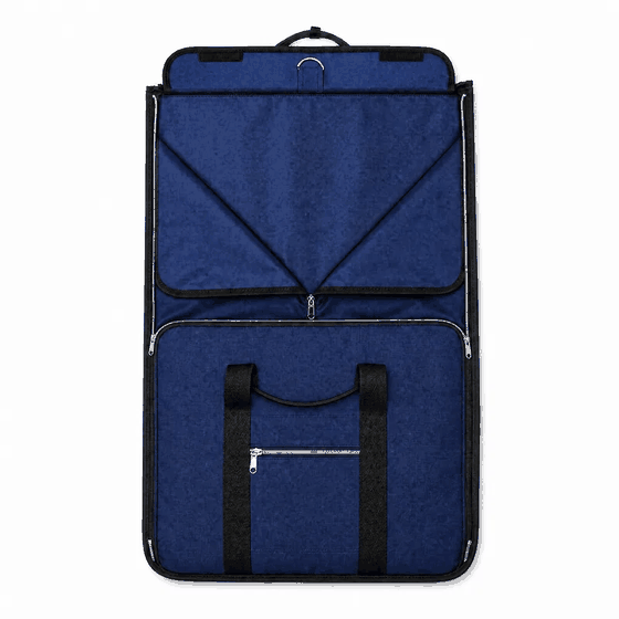 Open, hang the outfit, load the rest, fold and zip: the packing sequence