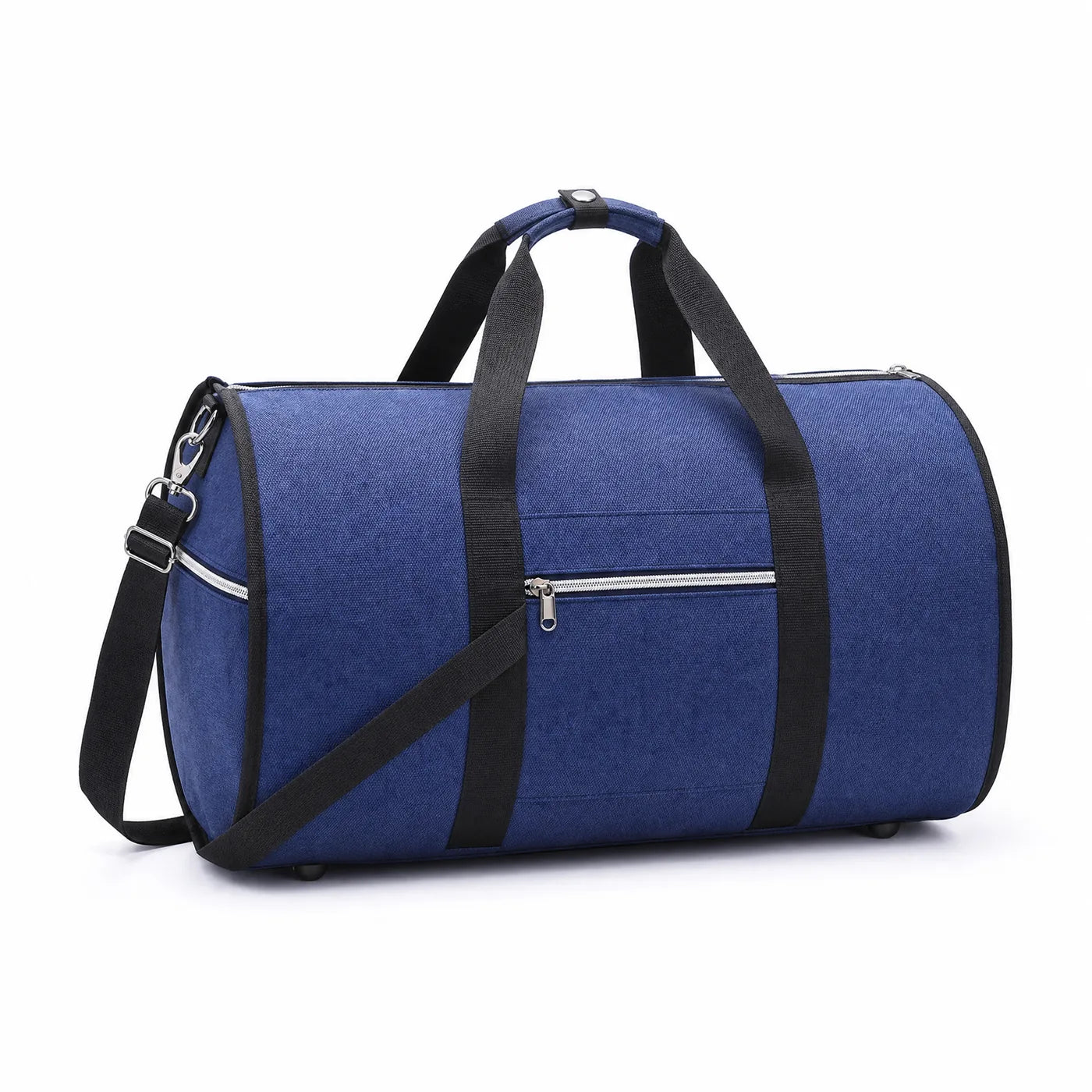IJEROVE Garment Duffle in Blue, zipped closed with the shoulder strap attached