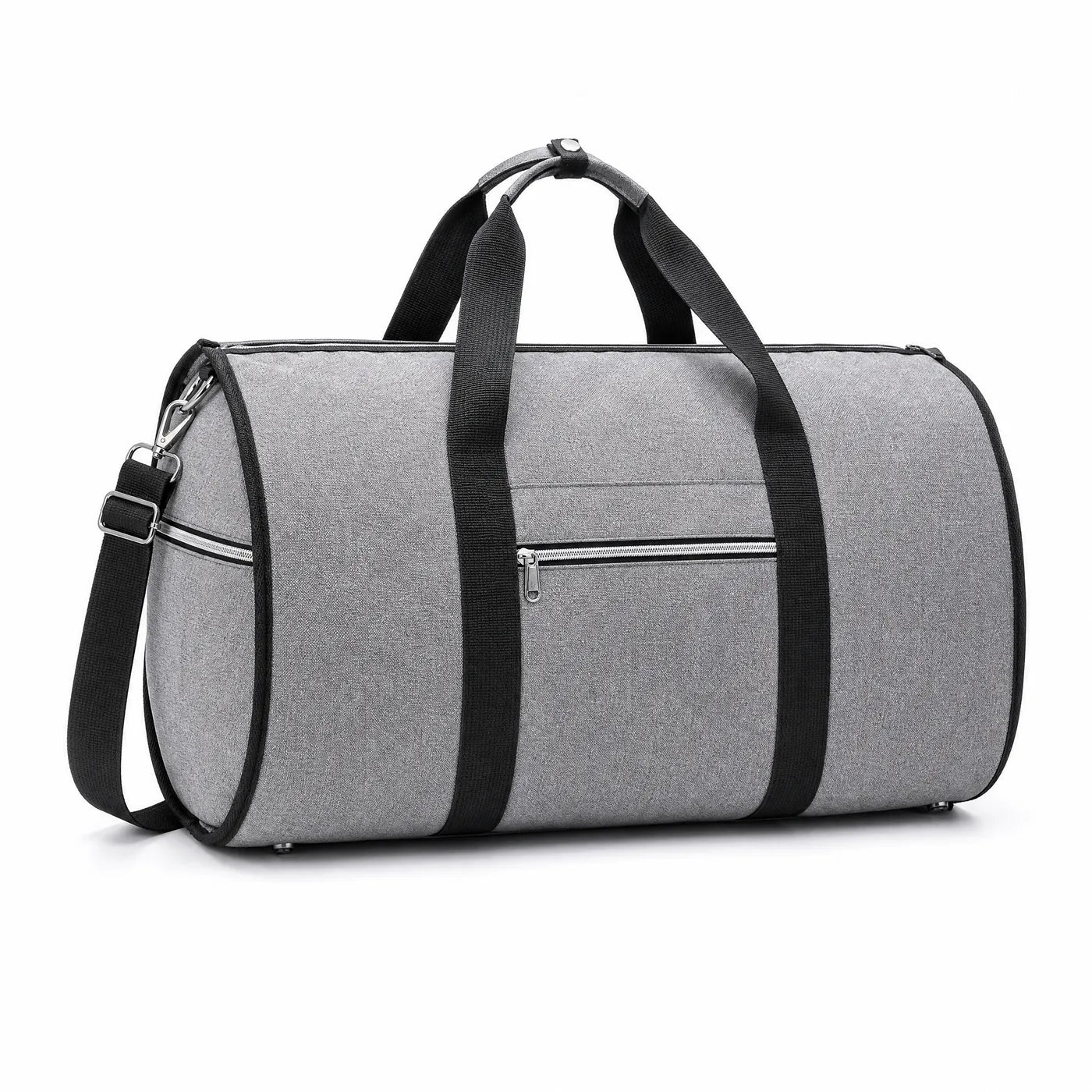 IJEROVE Garment Duffle in Grey, zipped closed with the shoulder strap attached