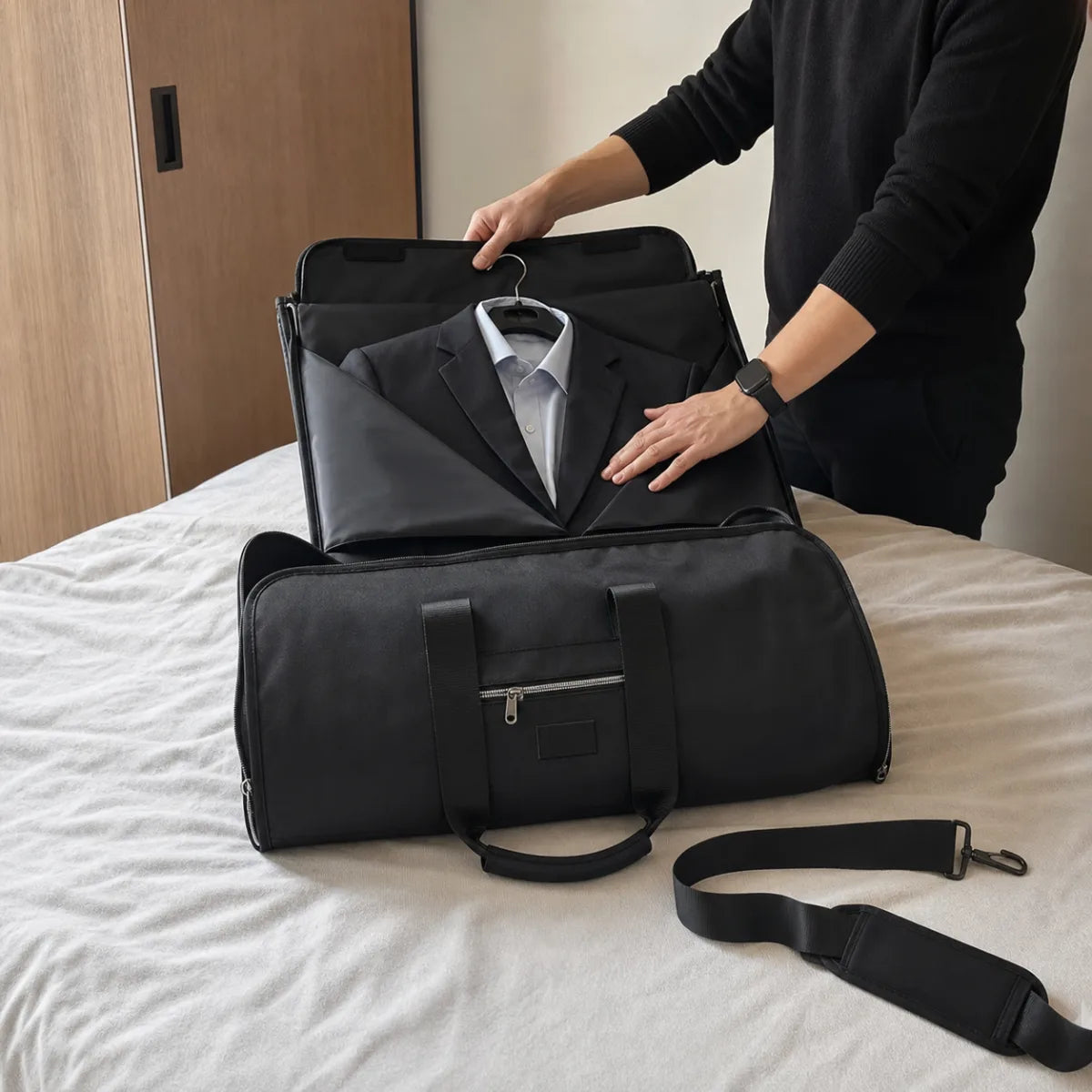 Traveller packing a suit into the Black garment duffle for a wedding weekend