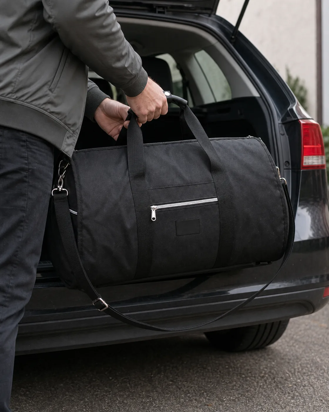 Traveller loading the Black garment duffle into a car for a weekend away