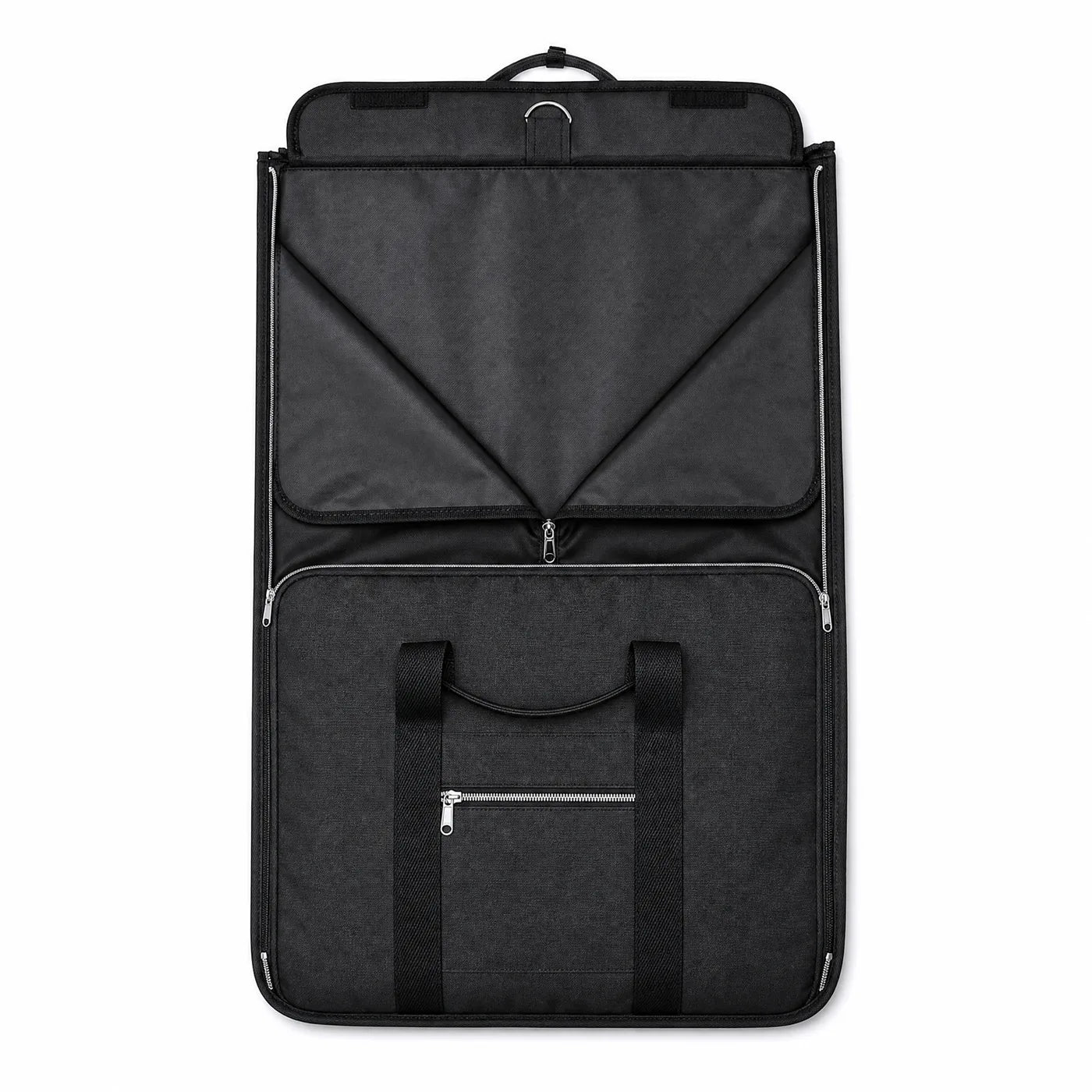 The garment duffle opened flat as a garment carrier with a suit hung inside, shown beside the same bag zipped closed as a duffle