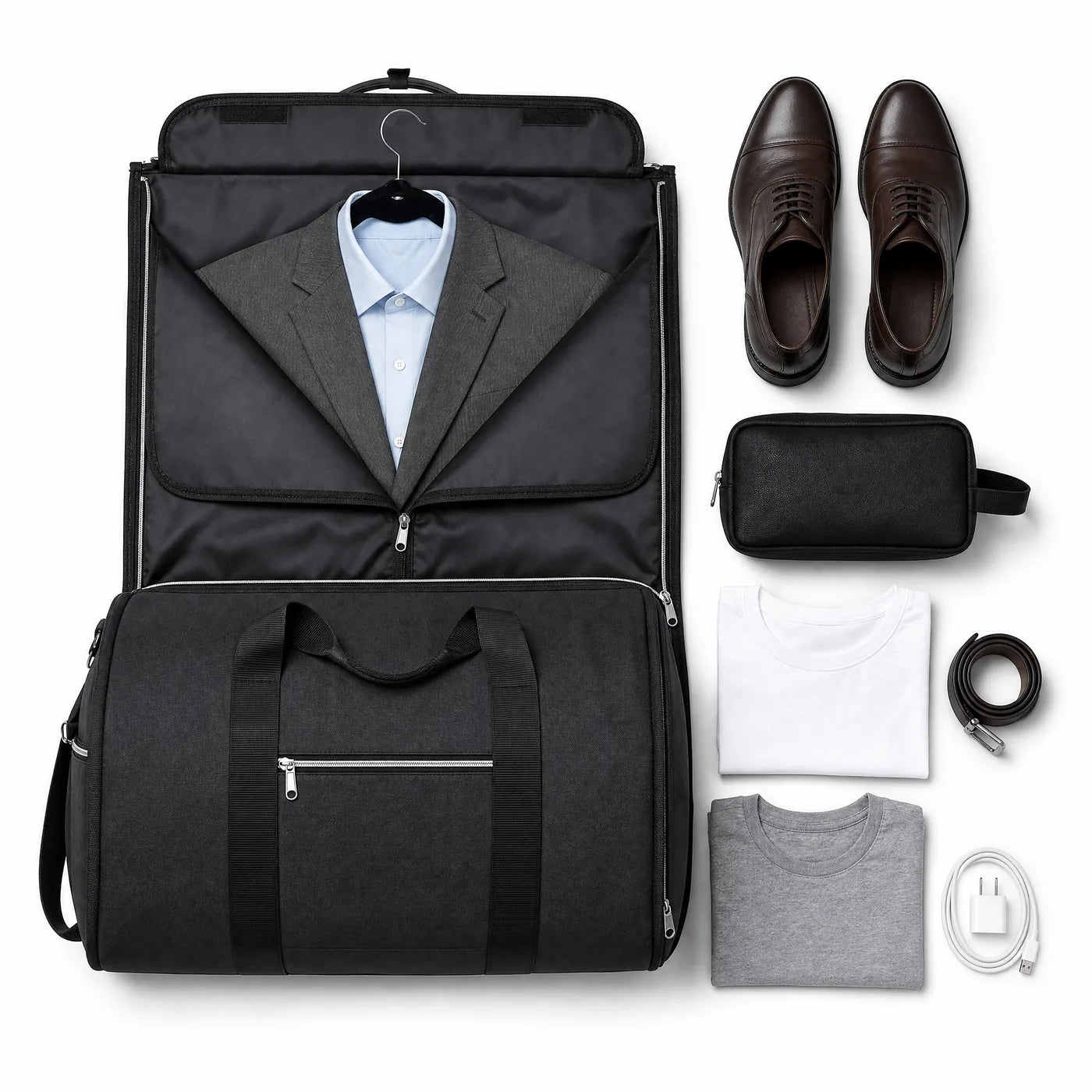 The outfit hung in the garment section, with shoes and essentials laid out ready to pack
