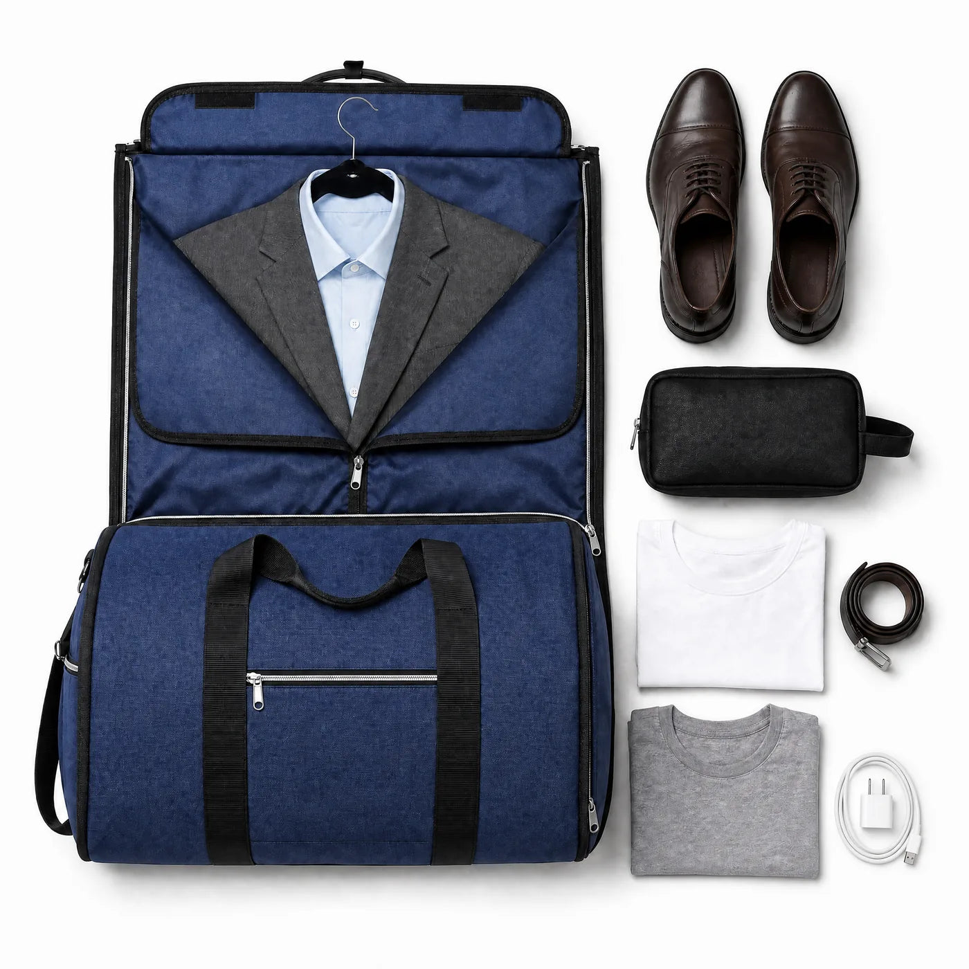 Packing for a short trip: the outfit hung in the garment section, shoes and essentials ready for the central compartment