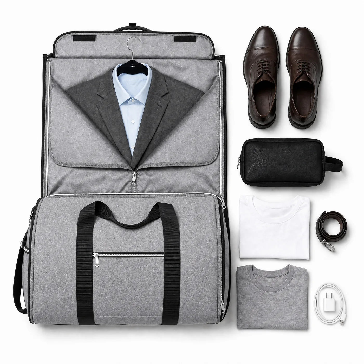 Packing for a short trip: the outfit hung in the garment section, shoes and essentials ready for the central compartment